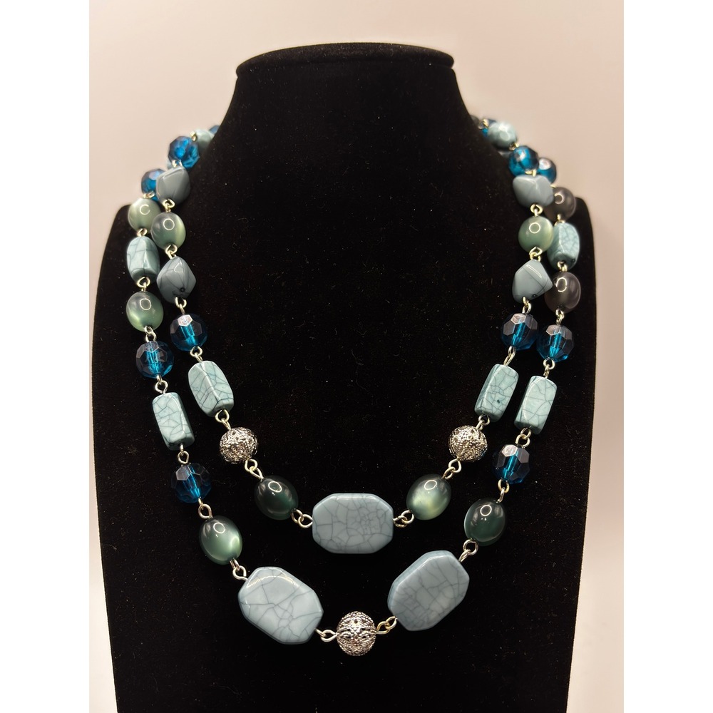 Sonoma Double Strand Necklace Womens 16" Blue Teal Beaded Faux Turquoise Silver